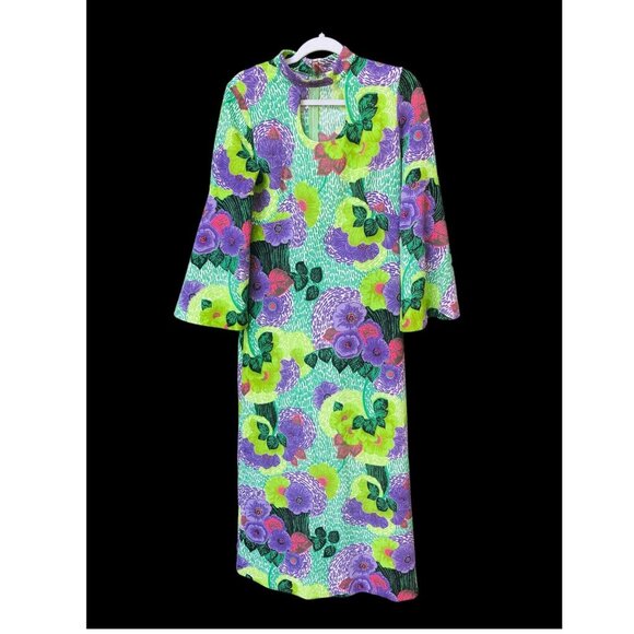 VTG Maxi Dress Psychedelic Flower Power Flared Sleeves UK Size 14 Jerseyfield - Picture 1 of 15